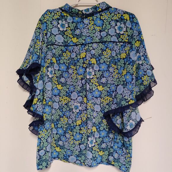 Laurie Felt womens Button Blouse Blue Floral Sz 2X Butterfly Sleeve boho fairy - Picture 6 of 7